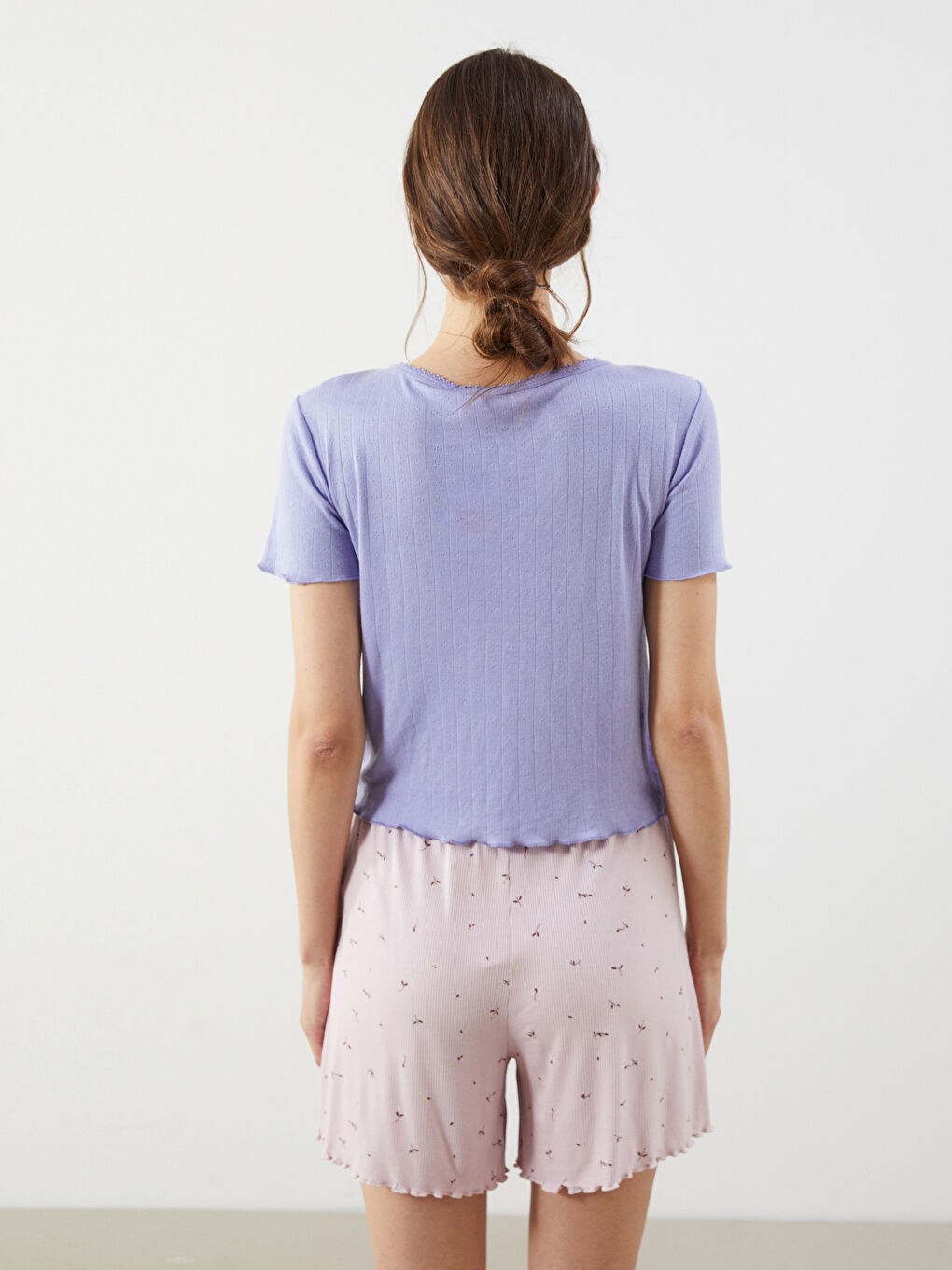 Lila V Yaka Kendinden Desenli Kadın Pijama Üstü-4