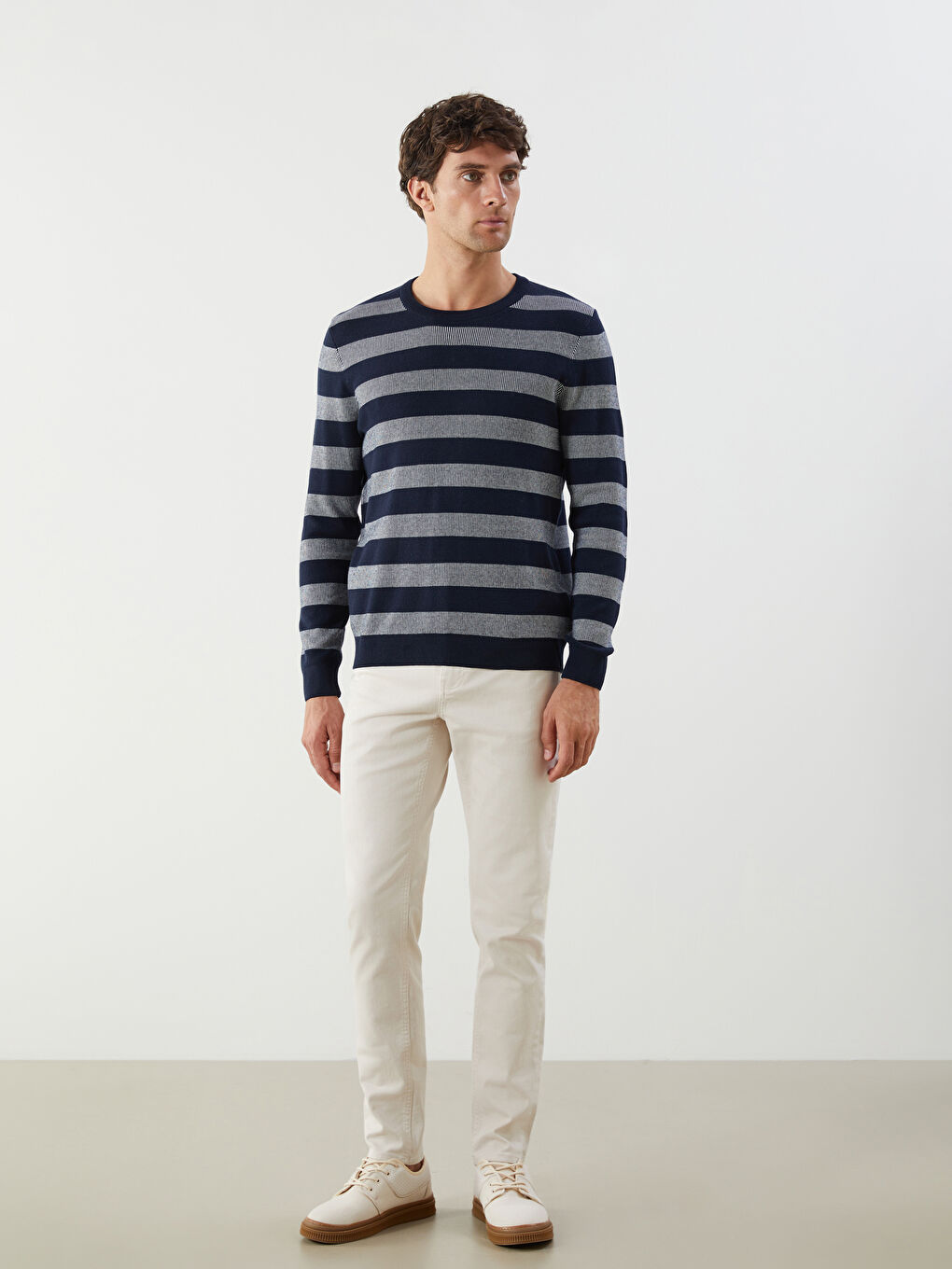 Lacivert Bisiklet Yaka Çizgili Erkek Triko Kazak-3