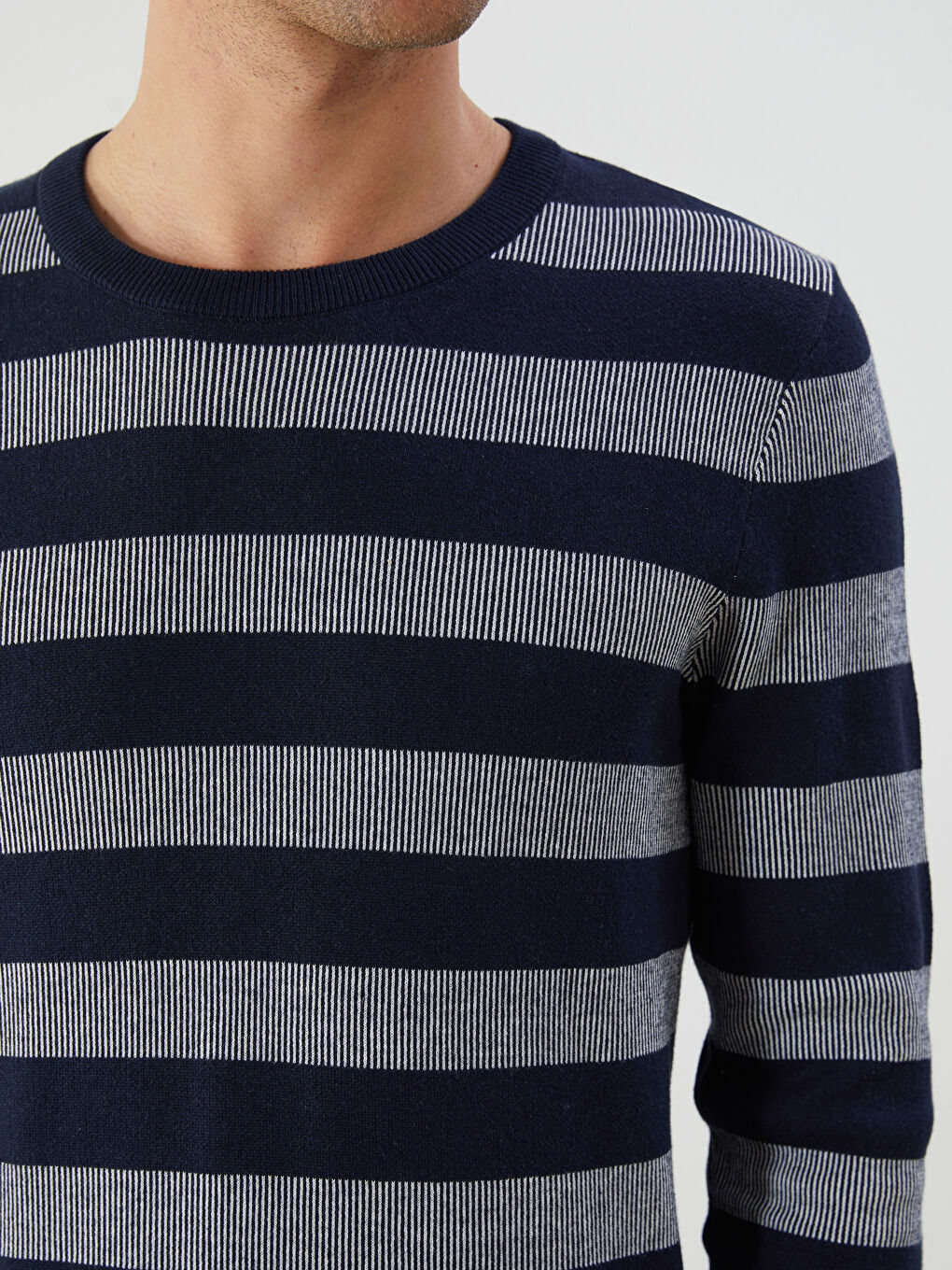 Lacivert Bisiklet Yaka Çizgili Erkek Triko Kazak-6