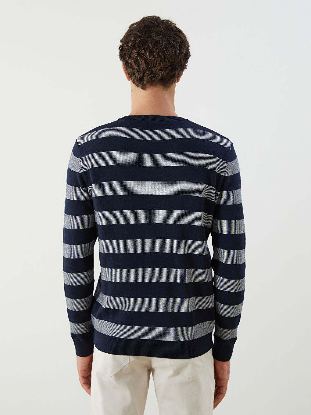 Lacivert Bisiklet Yaka Çizgili Erkek Triko Kazak-9