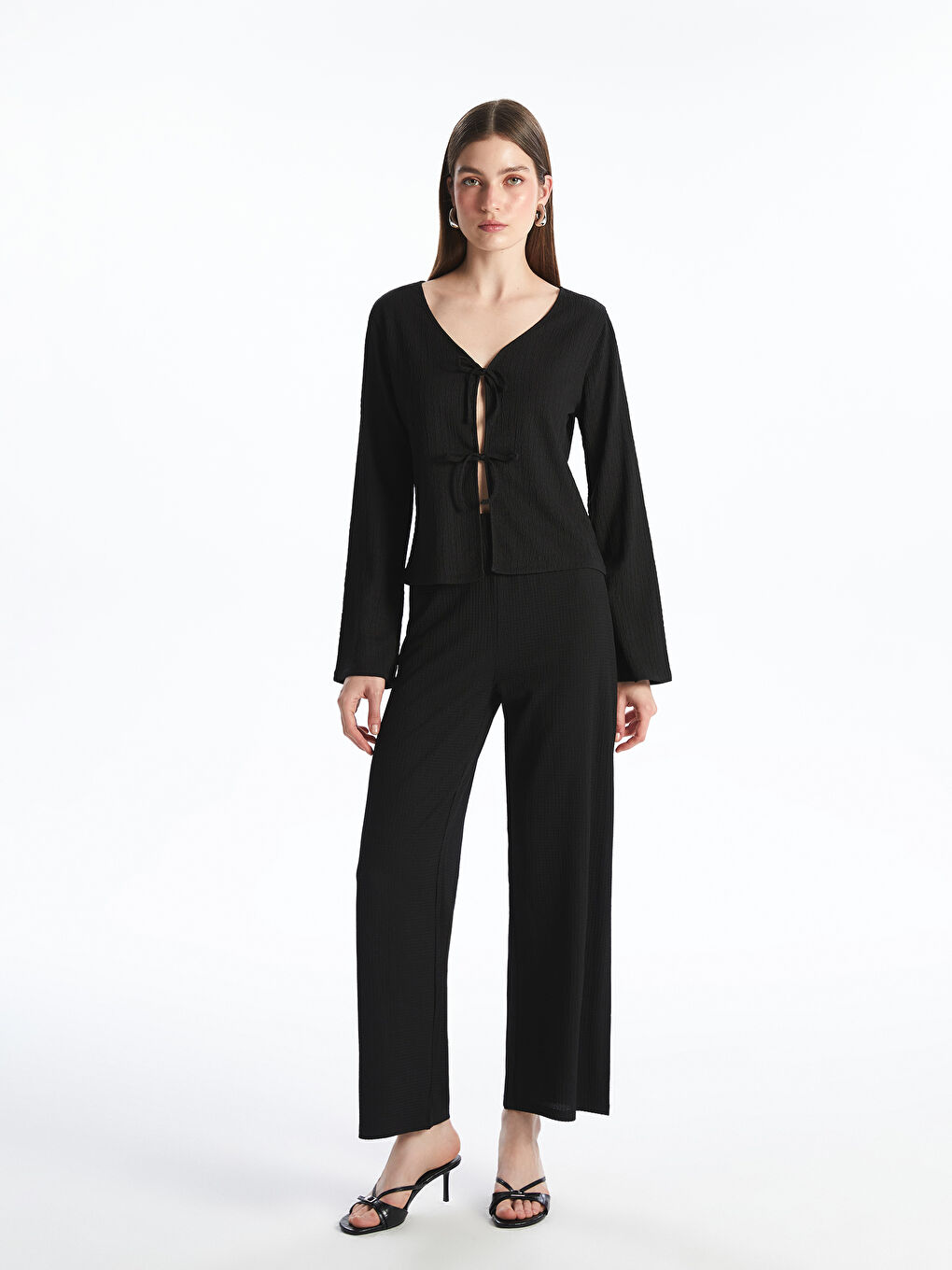 Elasticated Waist Textured Women's Trousers -S5AH03Z8-CVL