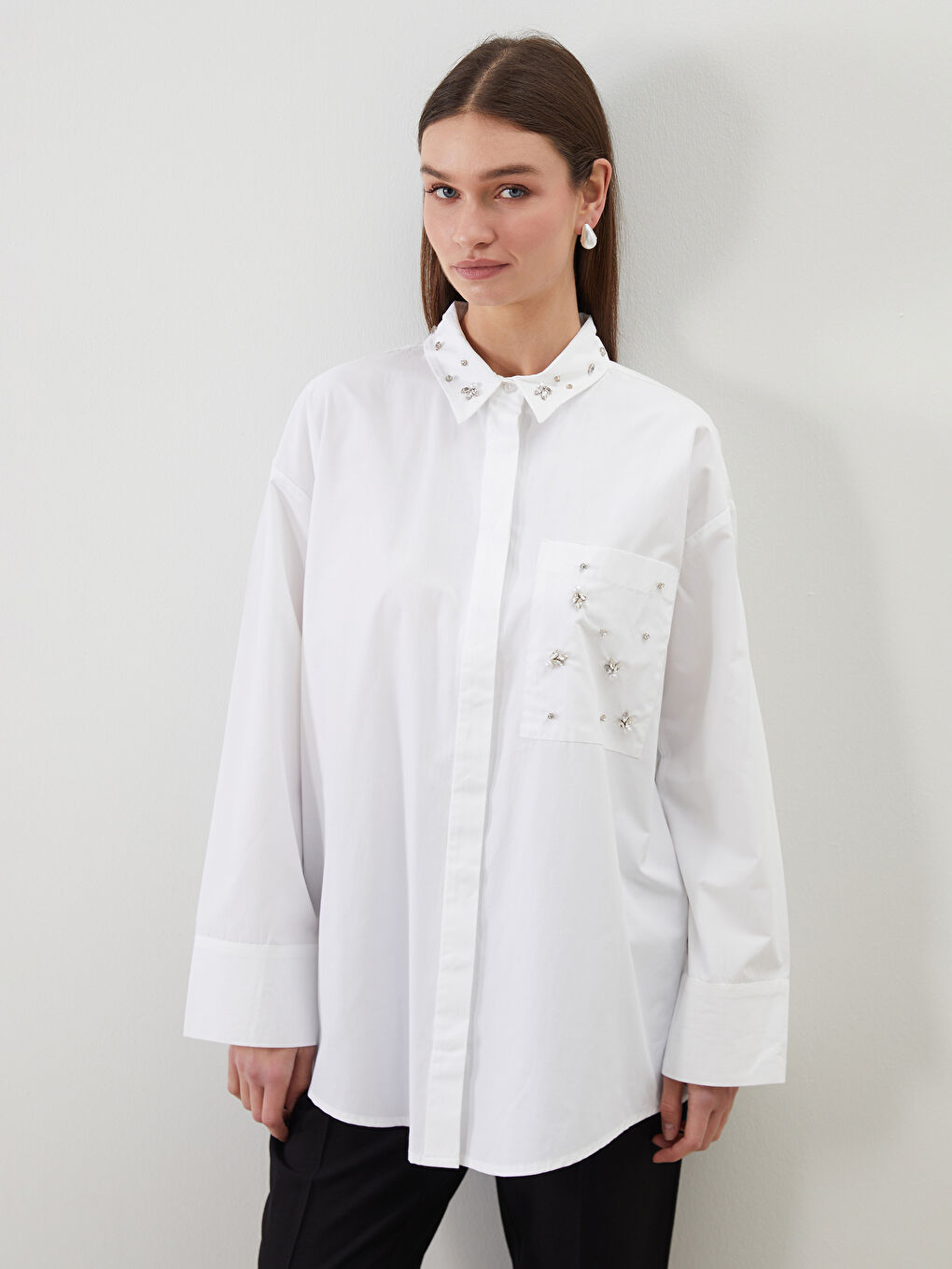 LCW Modest Rhinestone Embellished Oversize Women's Shirt Tunic -W50094Z8-EEW