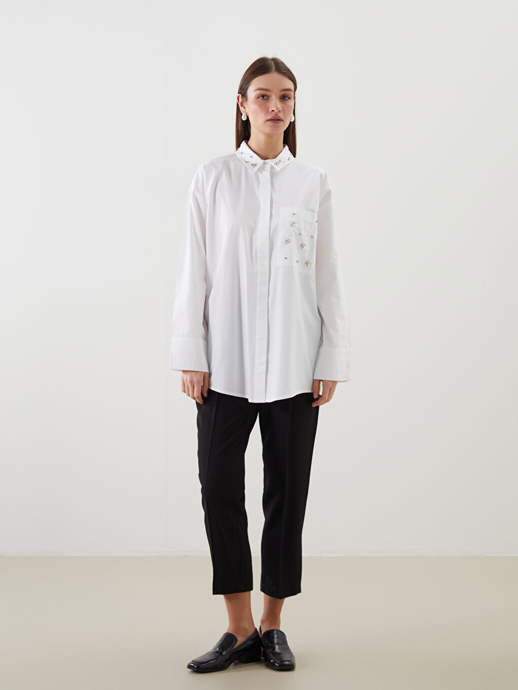 LCW Modest Rhinestone Embellished Oversize Women's Shirt Tunic -W50094Z8-EEW