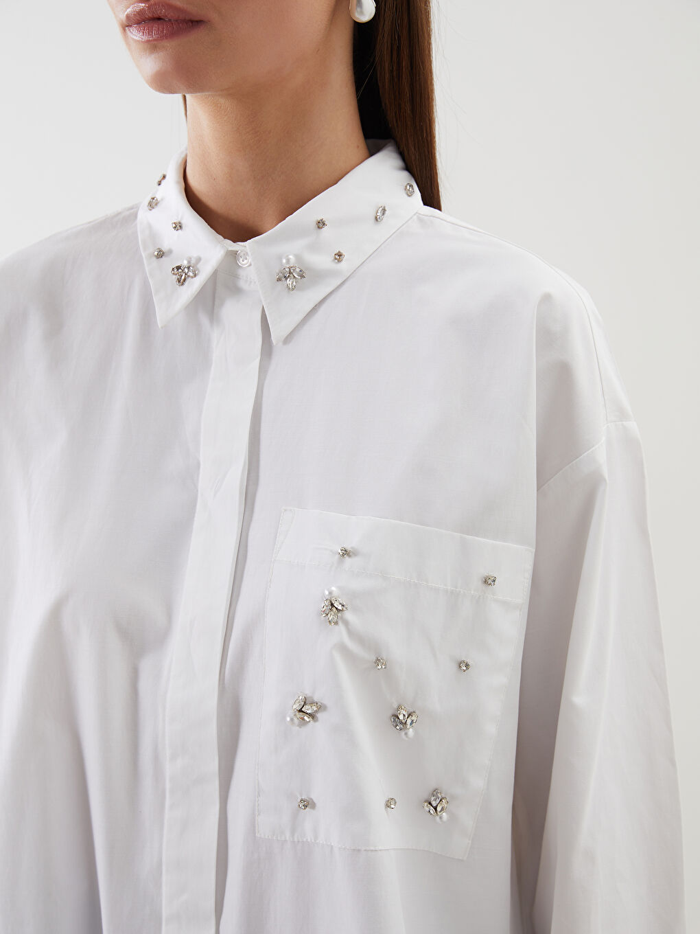 LCW Modest Rhinestone Embellished Oversize Women's Shirt Tunic -W50094Z8-EEW