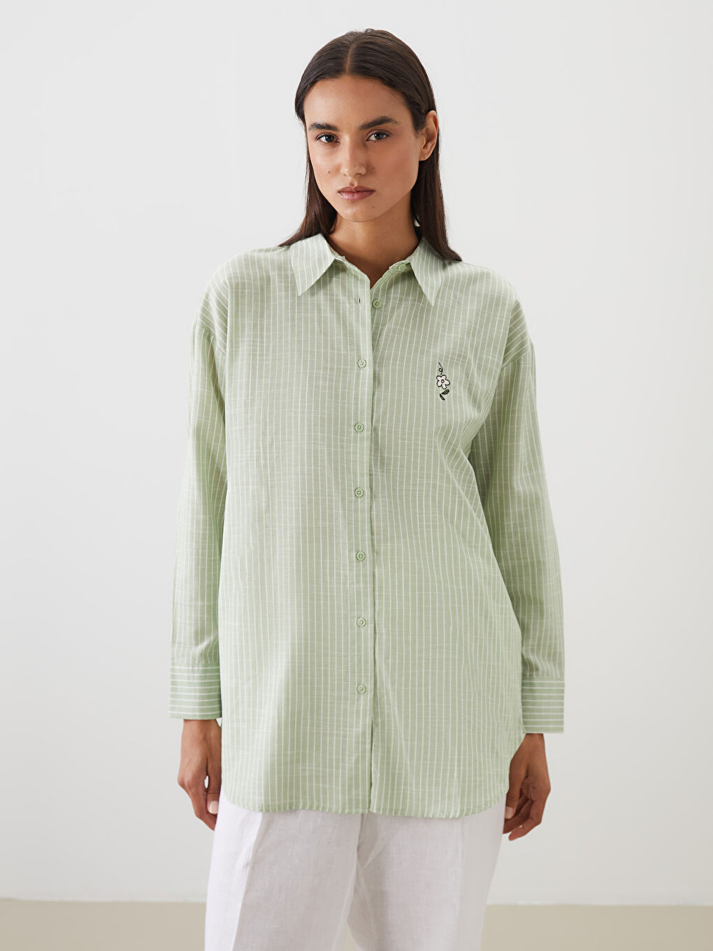 LCW Modest Striped Oversize Poplin Women's Shirt Tunic -W50098Z8-LFT