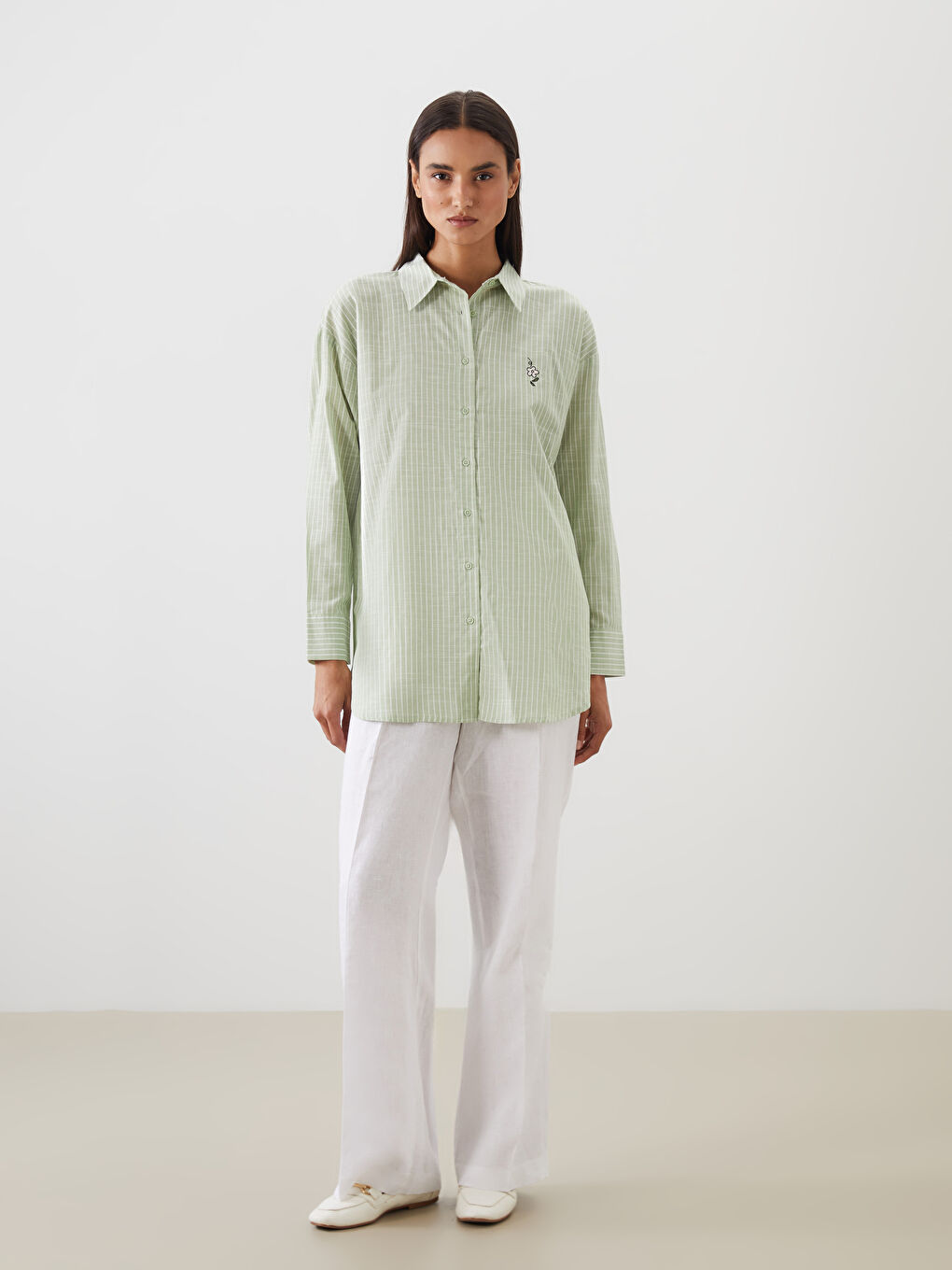 LCW Modest Striped Oversize Poplin Women's Shirt Tunic -W50098Z8-LFT