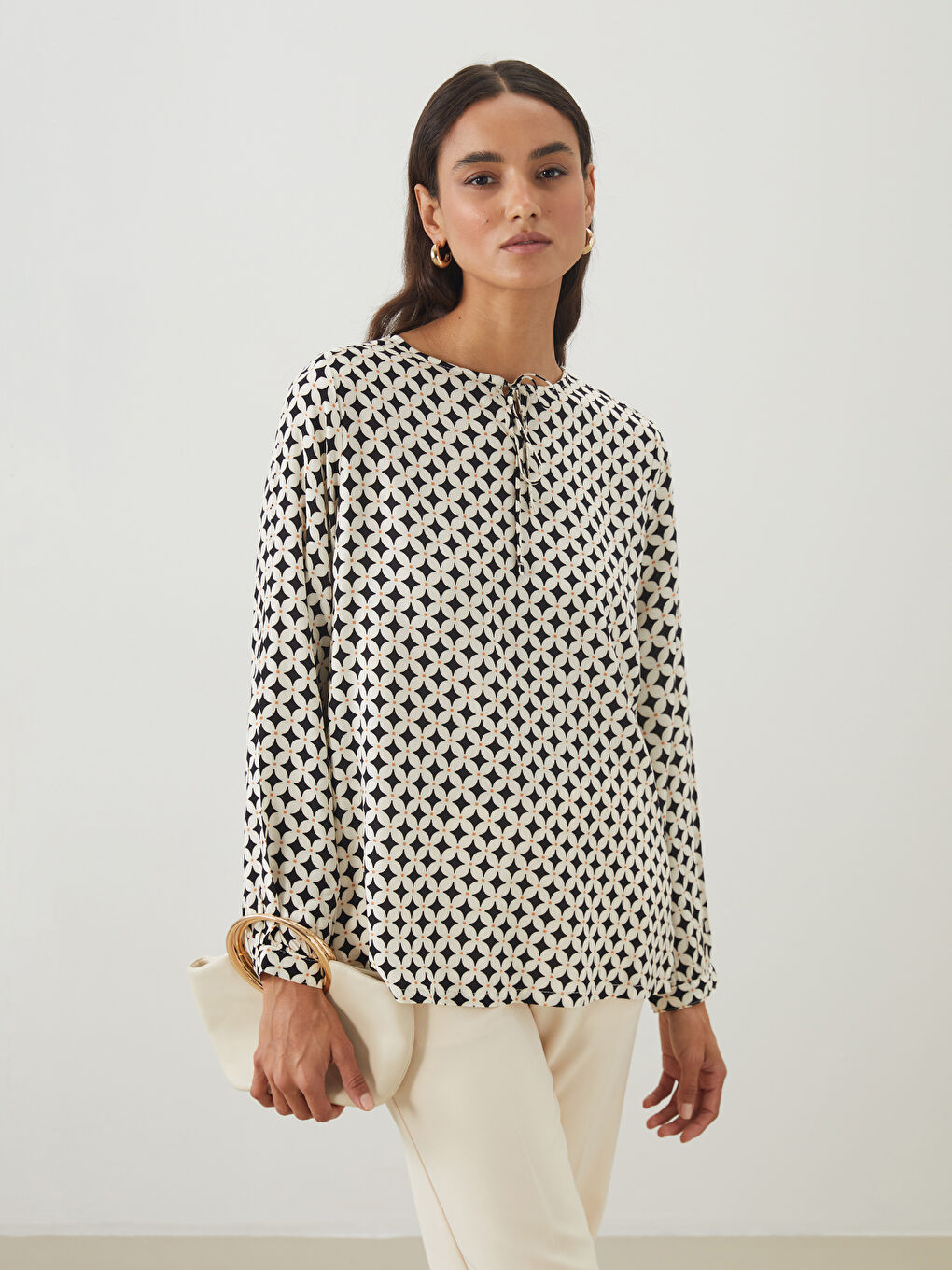 LCW Modest Tie Neck Patterned Blouse -W50101Z8-LRA
