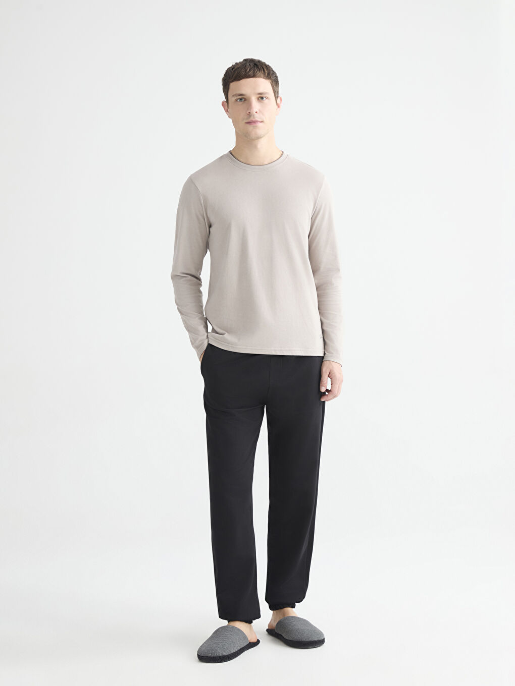 Kahverengi Bisiklet Yaka Uzun Kollu Erkek Pijama Üst-1