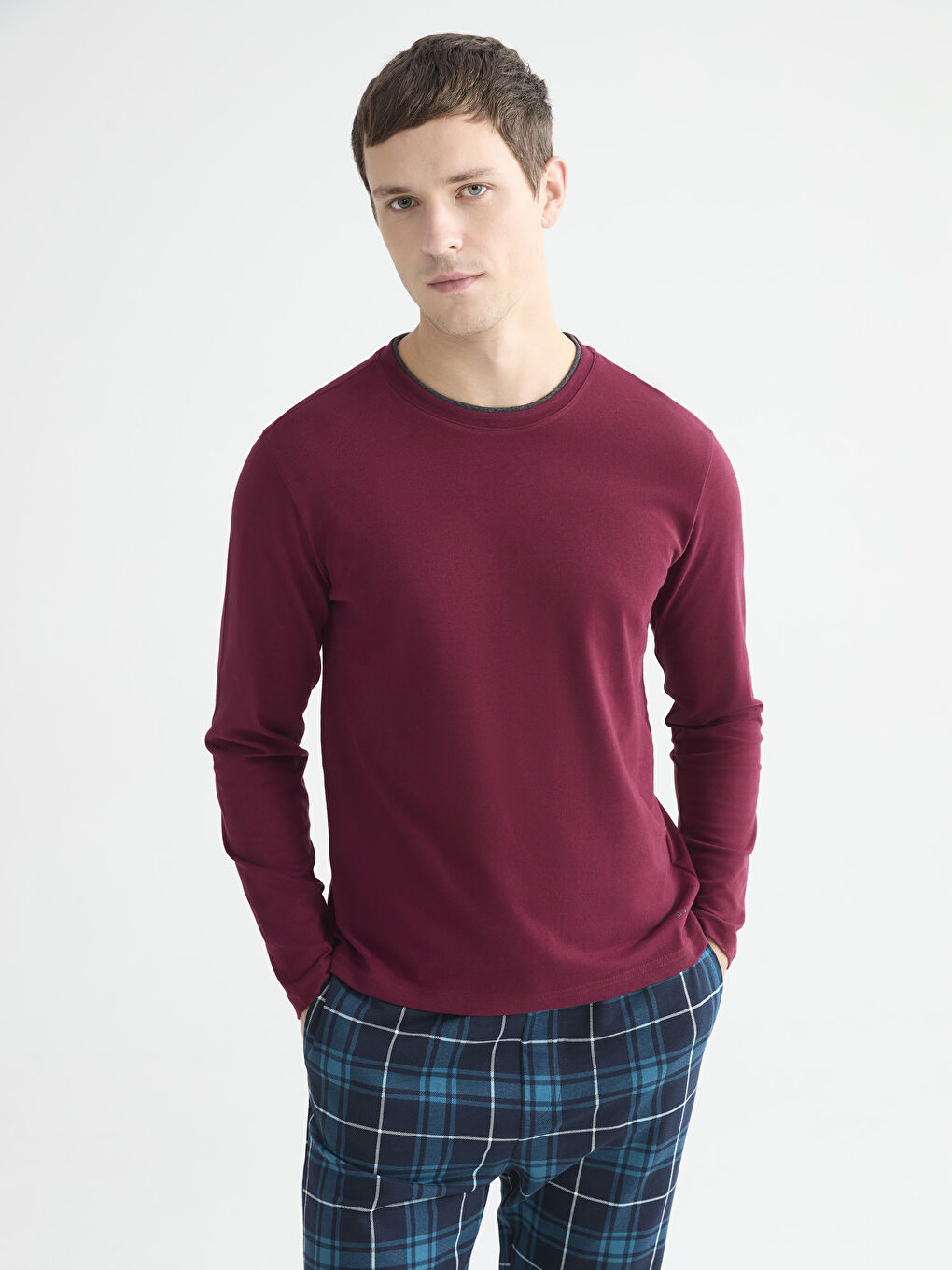 Bordo Bisiklet Yaka Uzun Kollu Erkek Pijama Üst