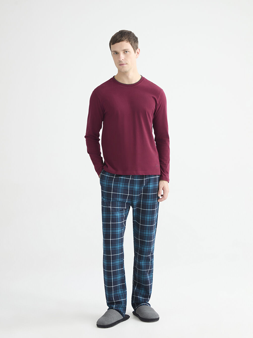 Bordo Bisiklet Yaka Uzun Kollu Erkek Pijama Üst-1