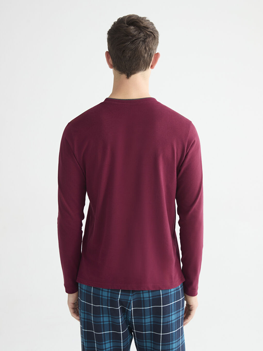 Bordo Bisiklet Yaka Uzun Kollu Erkek Pijama Üst-3