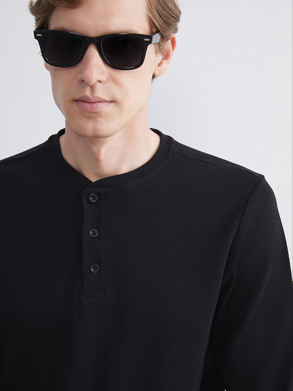 Siyah Bisiklet Yaka Uzun Kollu Erkek Pijama Üst-2