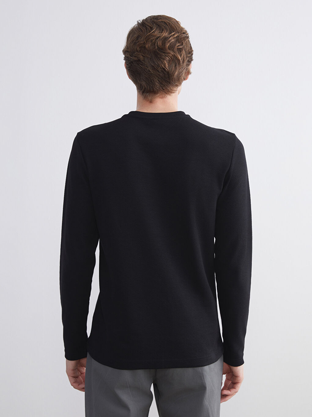 Siyah Bisiklet Yaka Uzun Kollu Erkek Pijama Üst-3