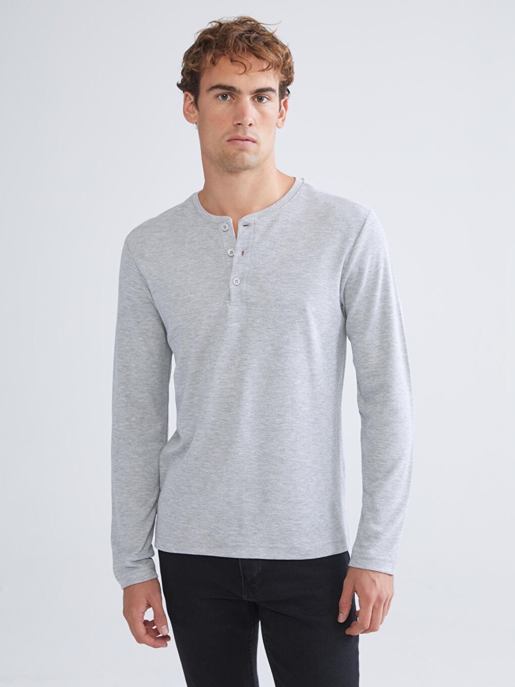 Gri Bisiklet Yaka Uzun Kollu Erkek Pijama Üst