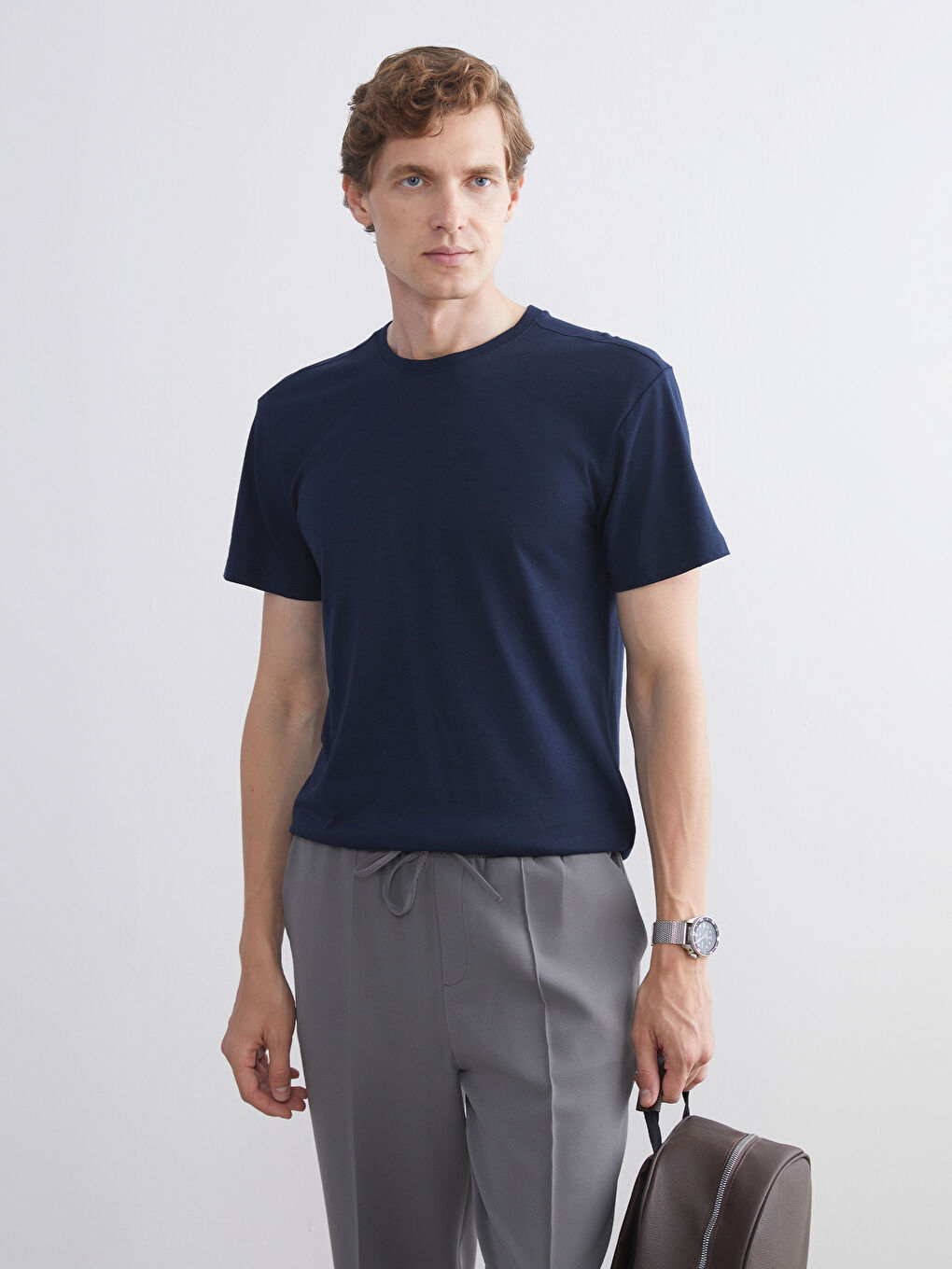 Lacivert Bisiklet Yaka Kısa Kollu Erkek Pijama Üst-1