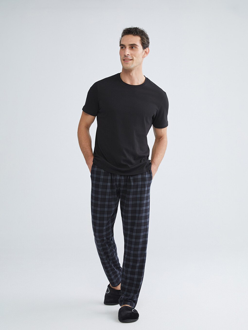 Siyah Standart Kalıp Ekose Erkek Pijama Alt
