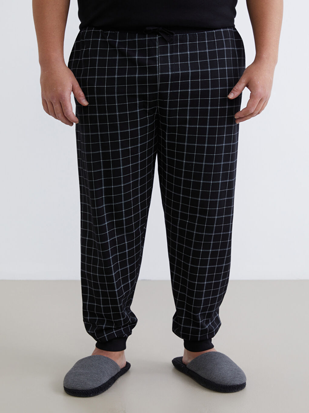 Siyah Standart Kalıp Ekose Erkek Pijama Alt-5