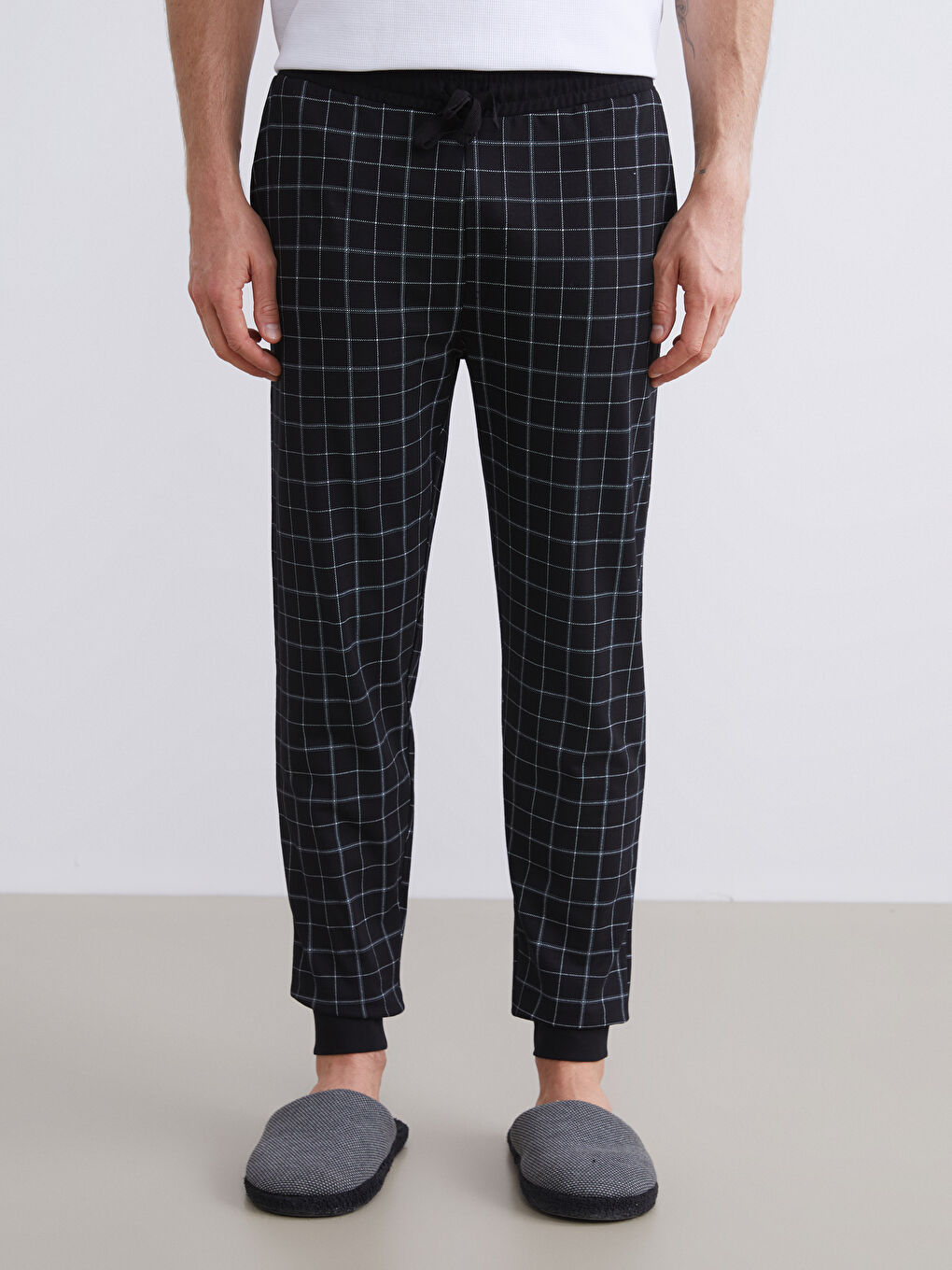 Siyah Standart Kalıp Ekose Erkek Pijama Alt-2