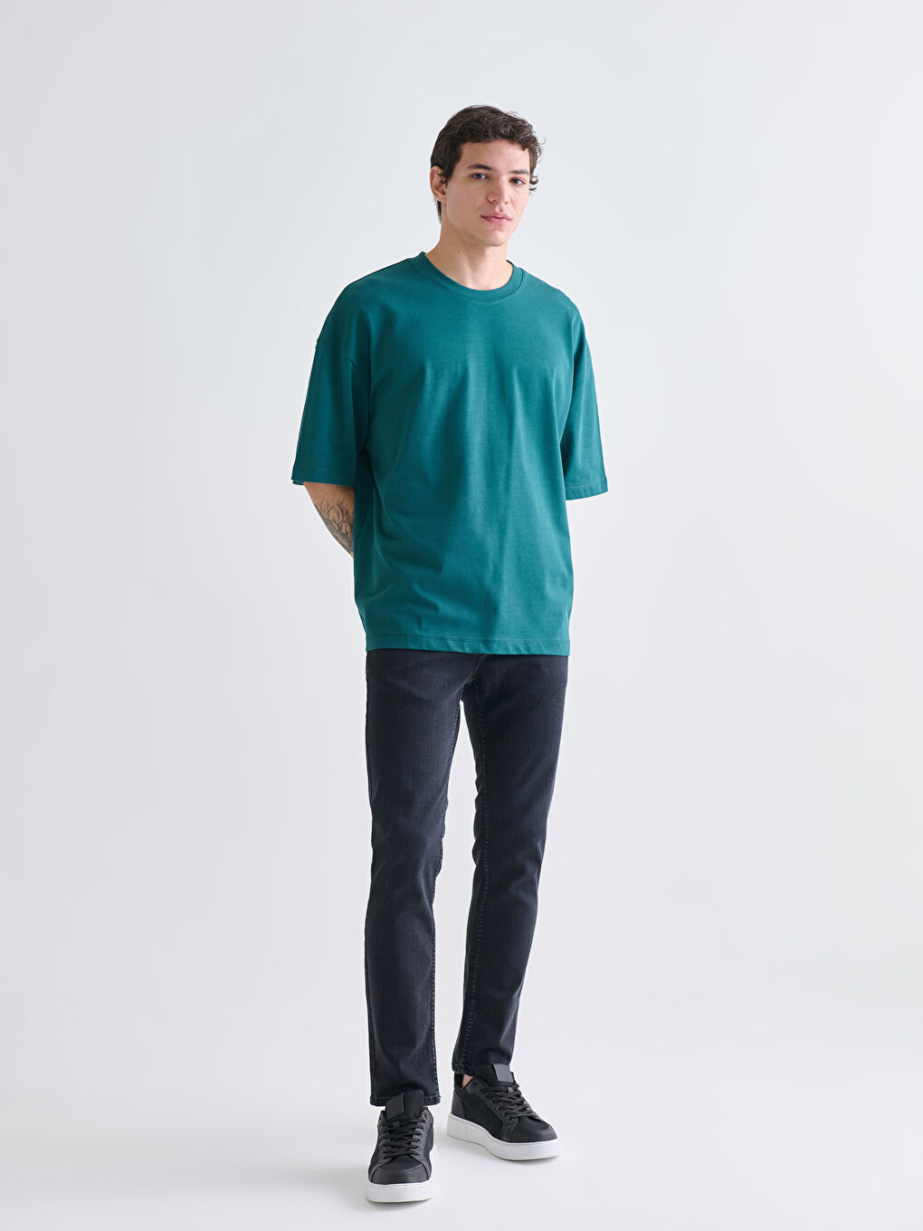 Yeşil Bisiklet Yaka Penye Erkek Tişört-1