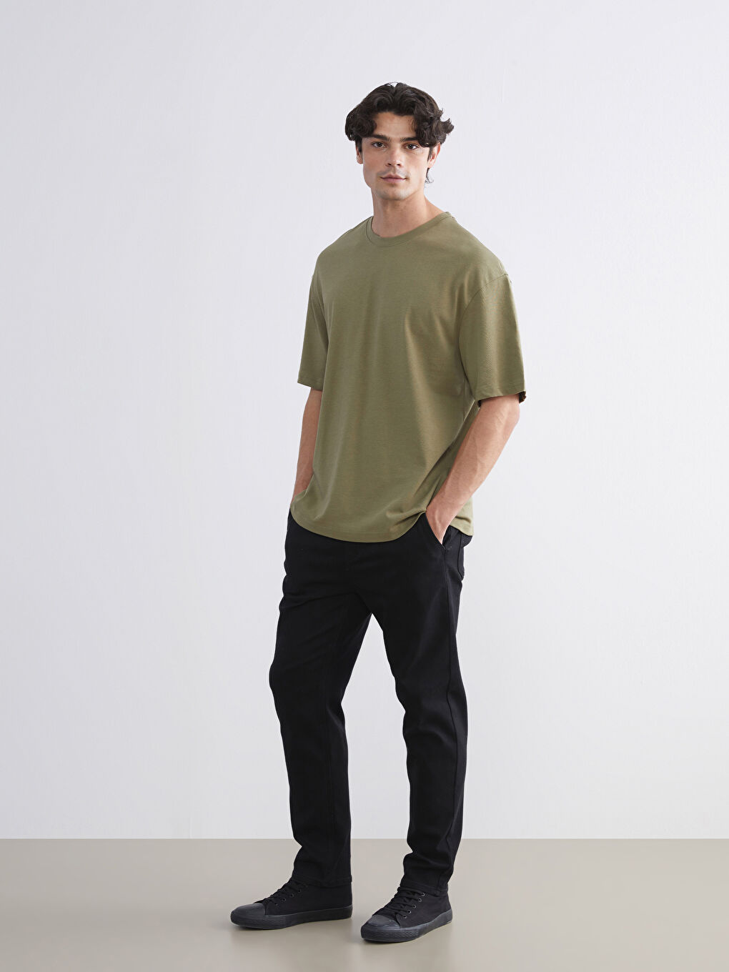 Haki Bisiklet Yaka Penye Erkek Tişört-1