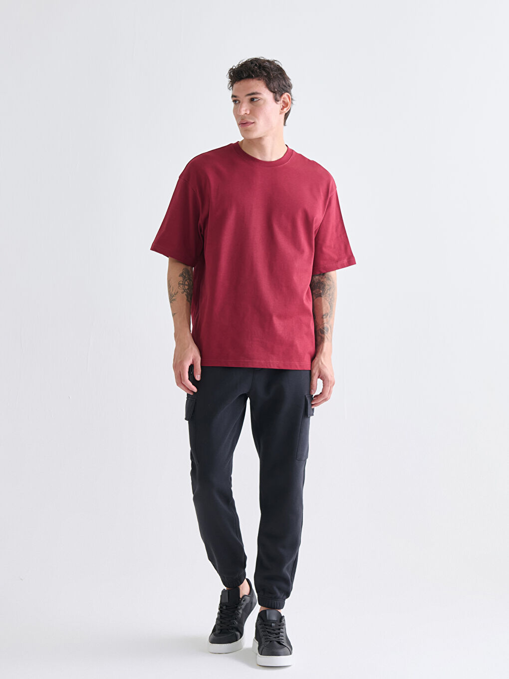 Bordo Bisiklet Yaka Penye Erkek Tişört-1