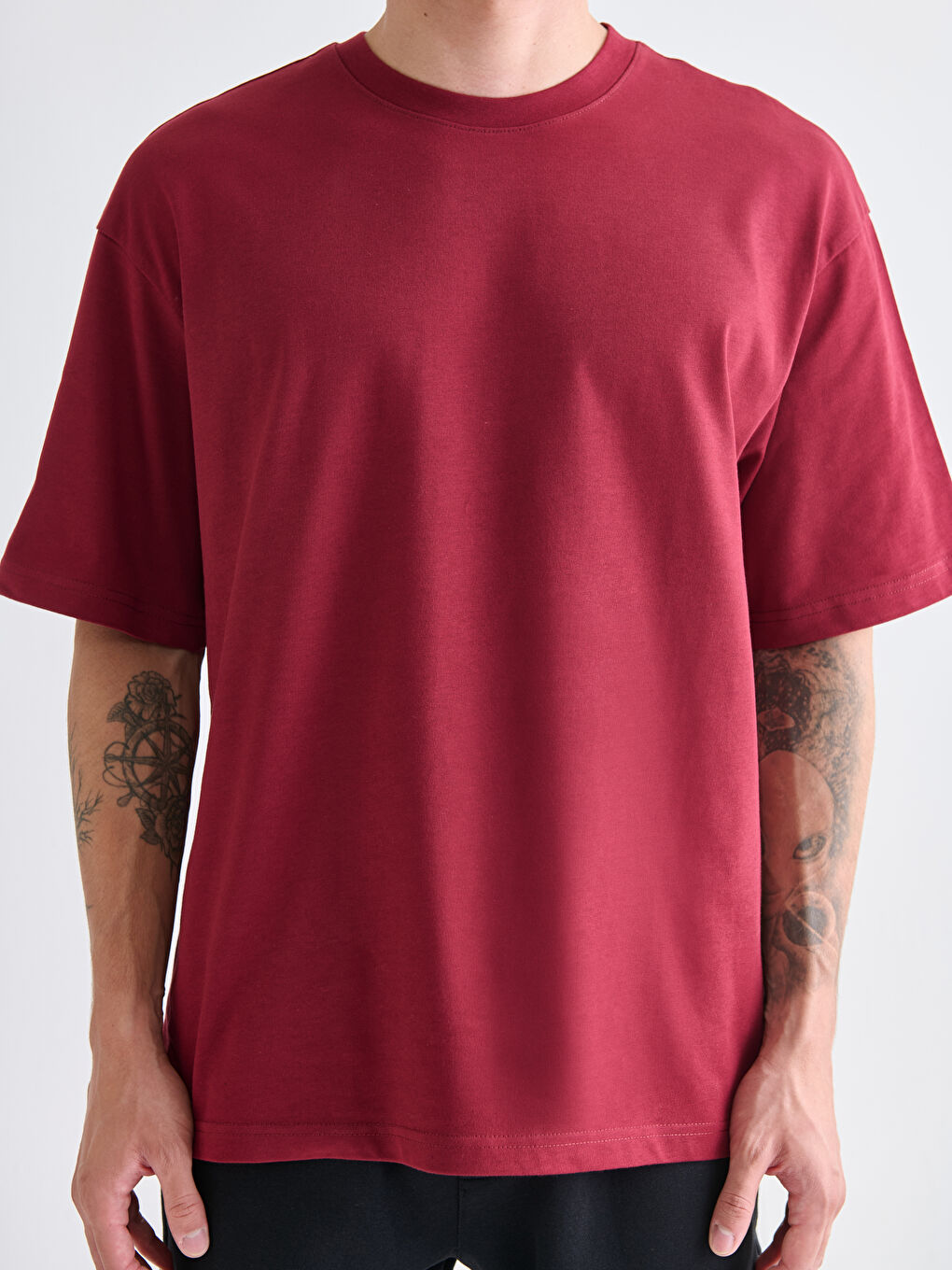 Bordo Bisiklet Yaka Penye Erkek Tişört-2