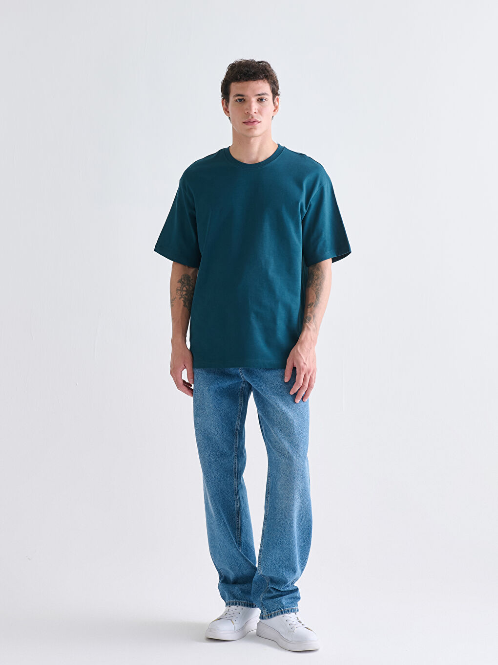 Petrol Bisiklet Yaka Penye Erkek Tişört-1