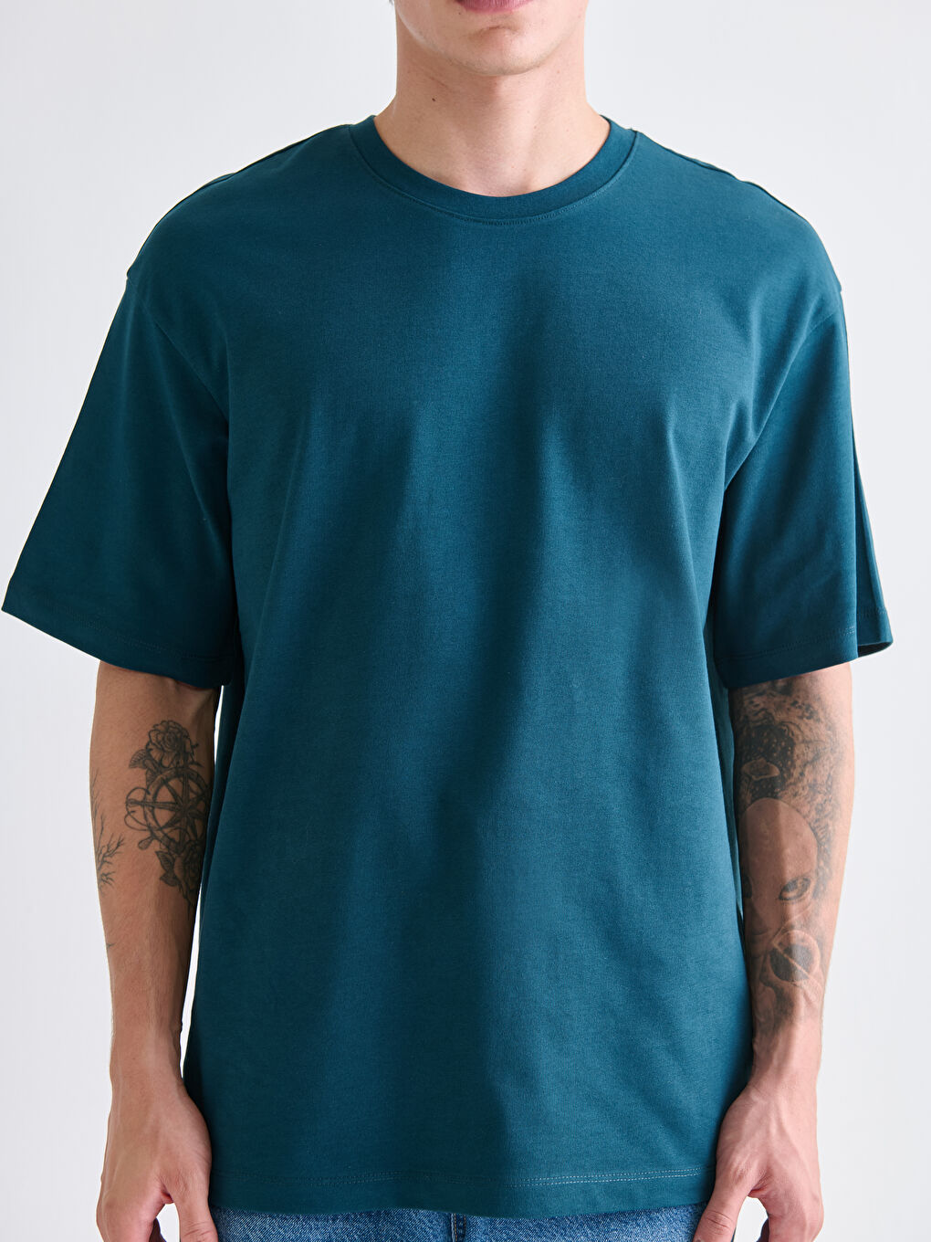 Petrol Bisiklet Yaka Penye Erkek Tişört-2