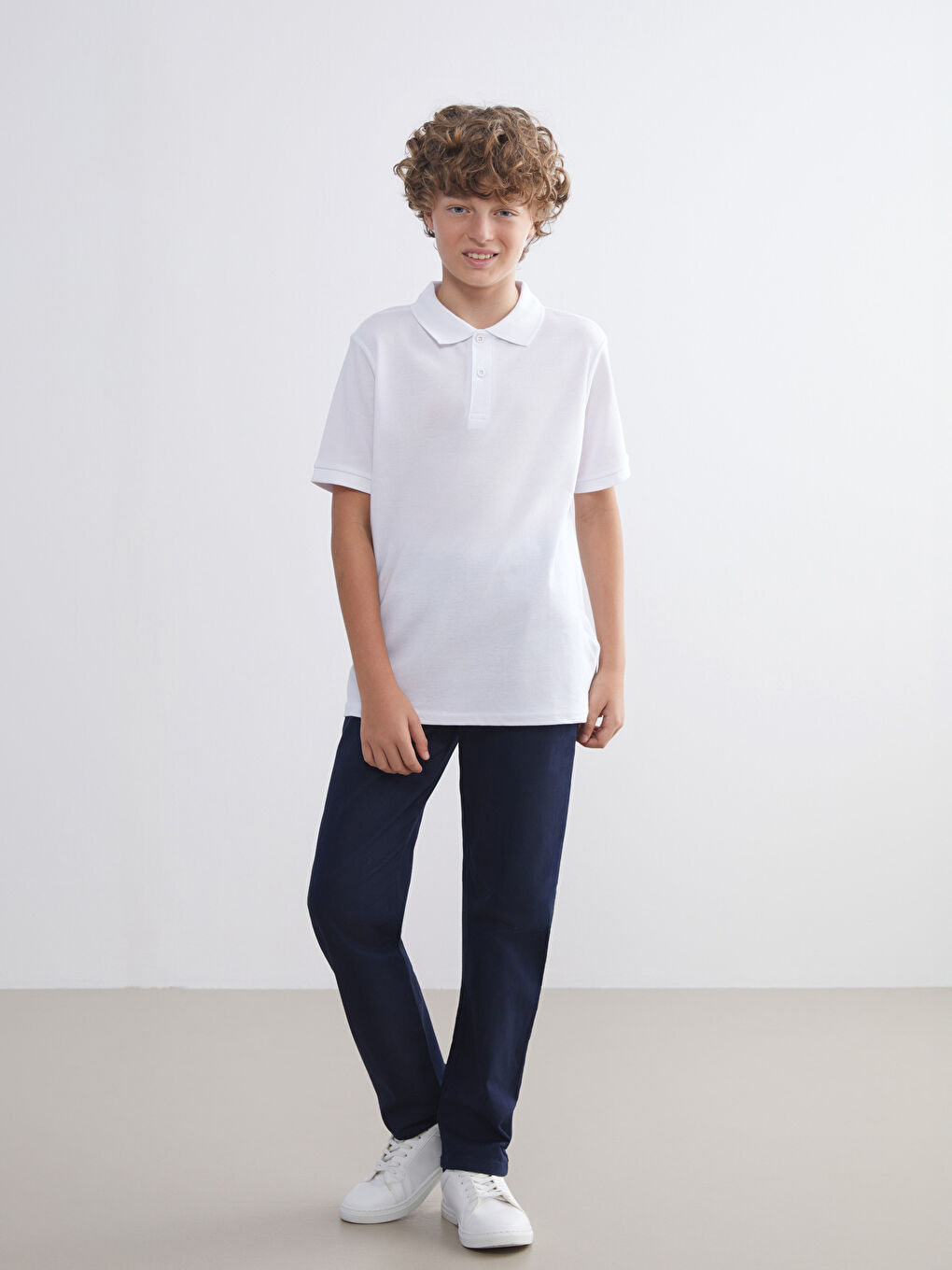 Beyaz Basic Polo Yaka Erkek Çocuk Tişört-1