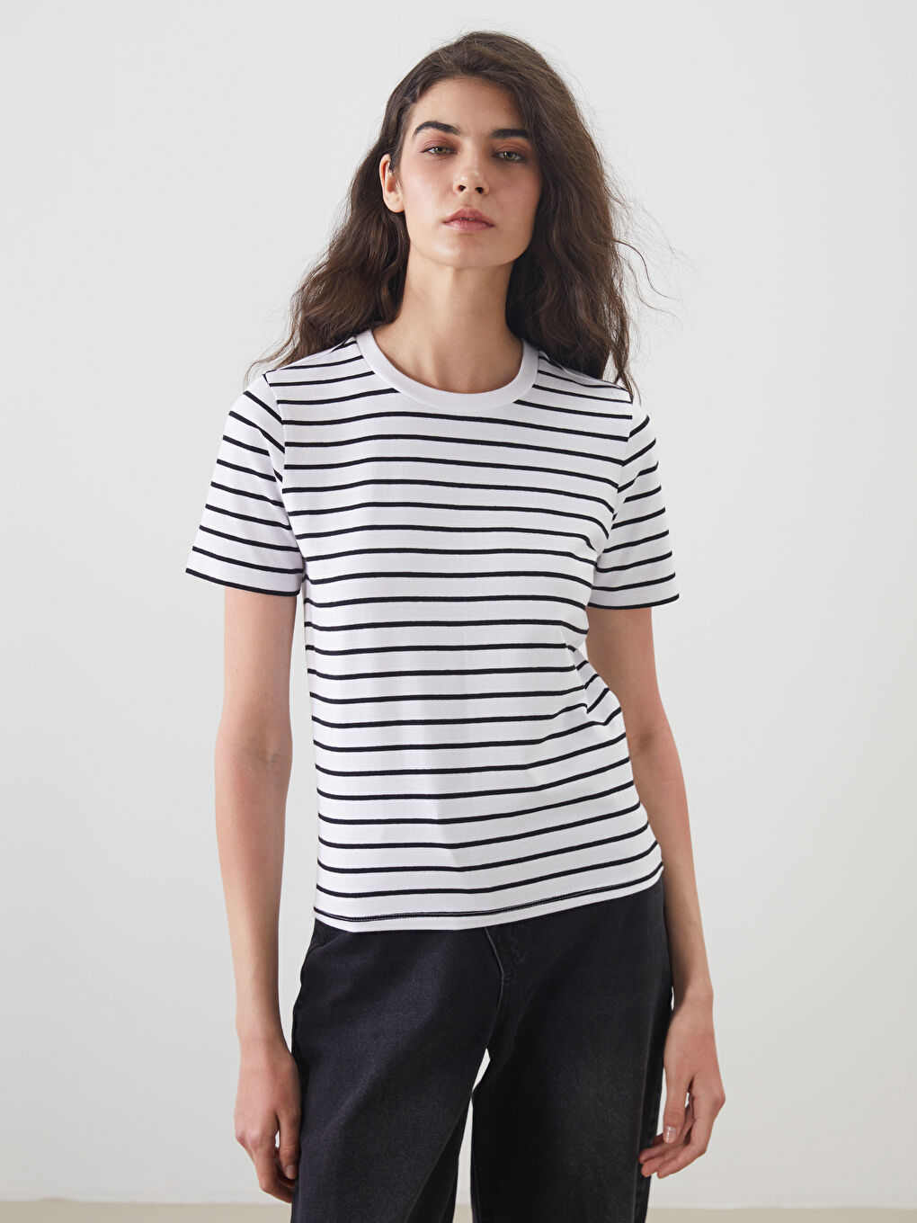 LCW Modest Crew Neck Striped Women's T-Shirt -W50329Z8-LEG