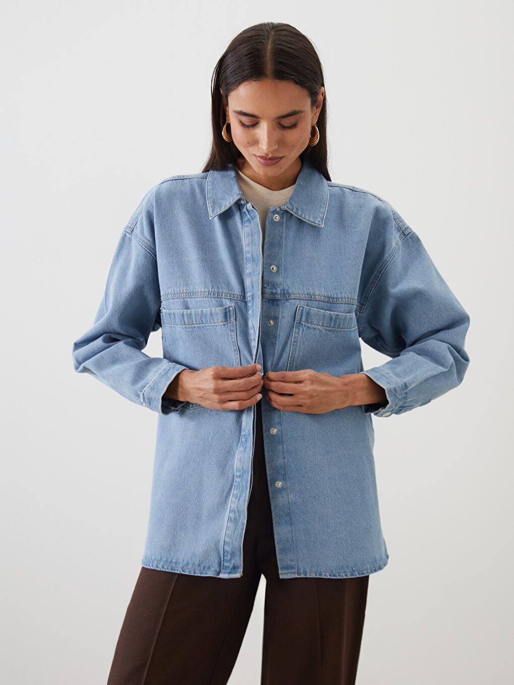 LCW Modest Collared Neck Women's Denim Jacket -W50490Z8-507