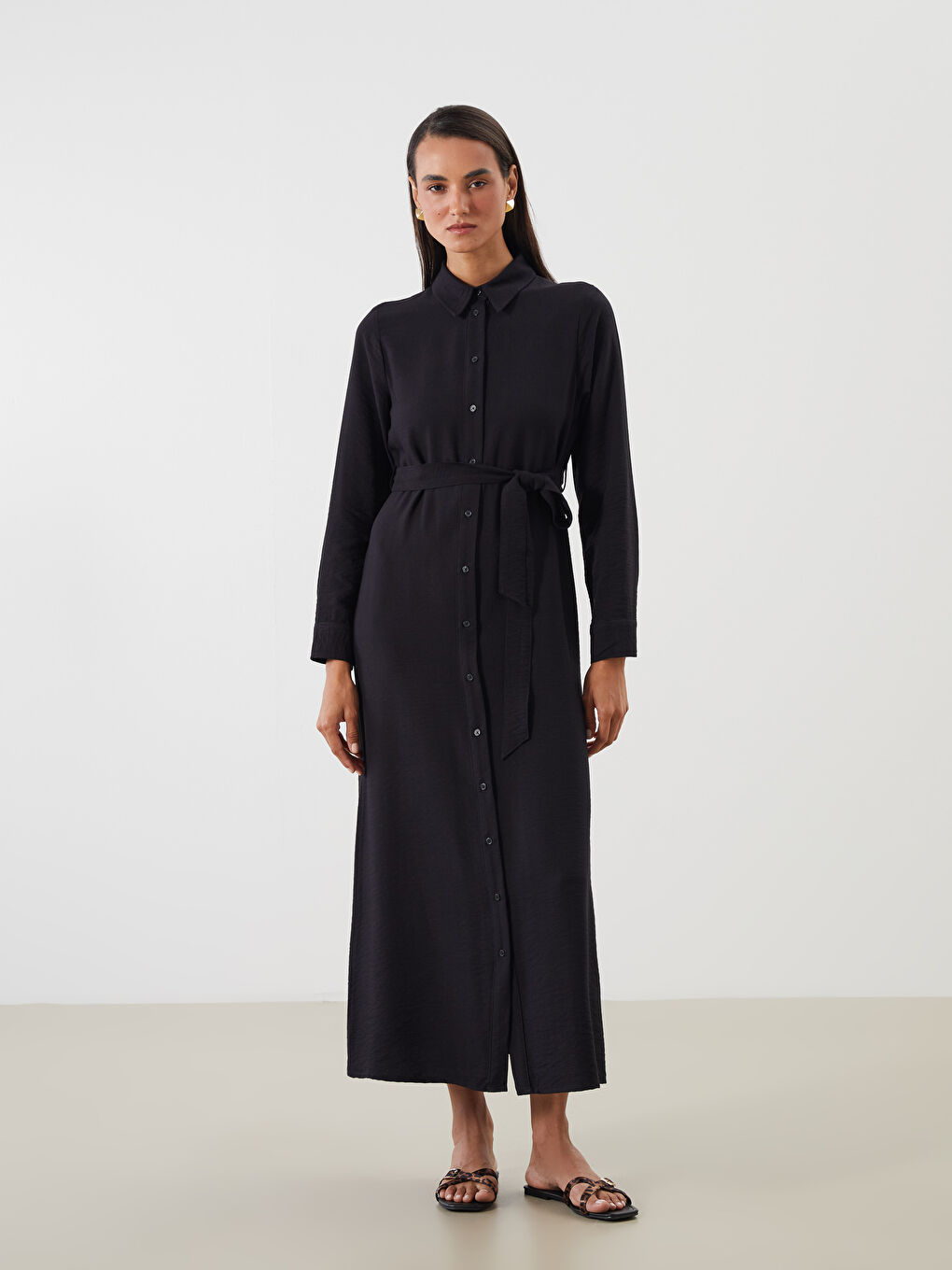 LCW Modest Belted Shirt Dress -W50561Z8-CVL