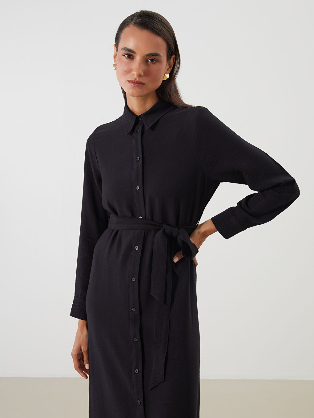 LCW Modest Belted Shirt Dress -W50561Z8-CVL