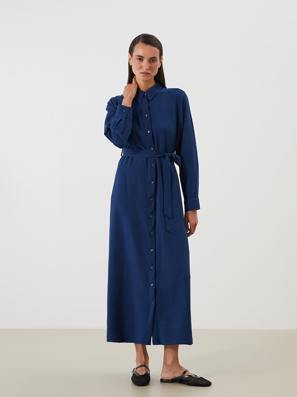 LCW Modest Belted Shirt Dress -W50561Z8-Z5N