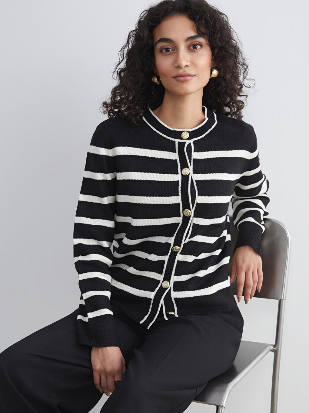 Crew Neck Striped Women's Knitwear Cardigan