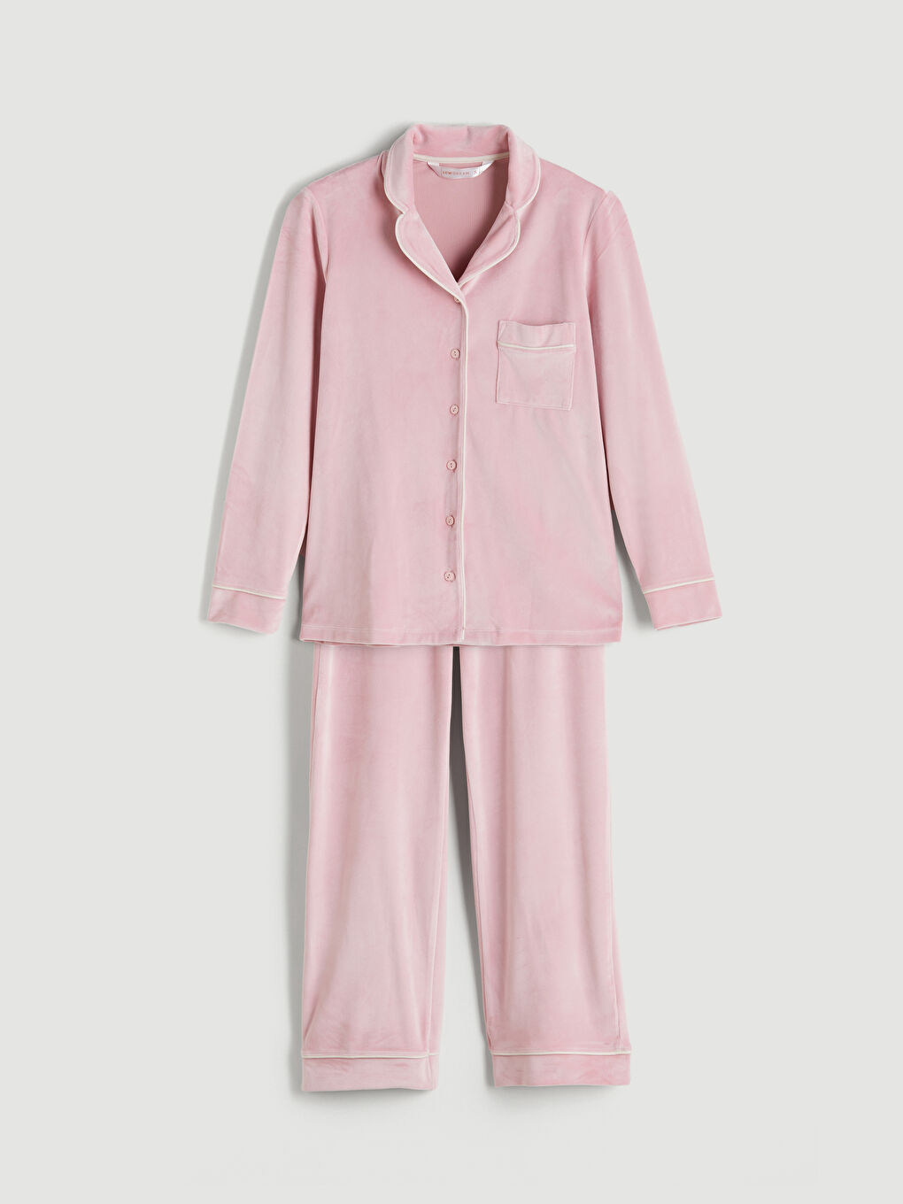 Pembe Gömlek Yaka Kadife Kadın Pijama Takımı-5