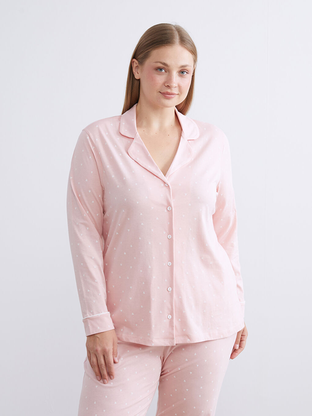 Collared Neck Heart Printed Women's Pyjama Set-5