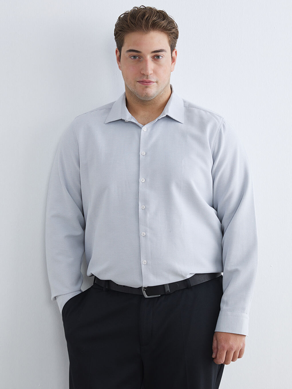 Рубашка Мужская Слим Фит С Длинным Рукавом Из Ткани Добби-1