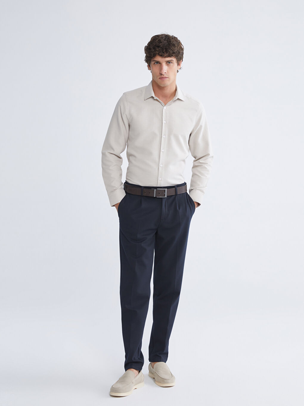 Bej Slim Fit Uzun Kollu Armürlü Erkek Gömlek-1