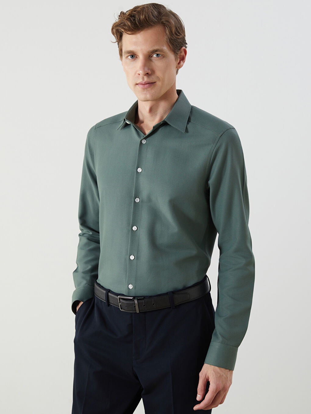 Slim Fit Long Sleeve Oxford Men's Shirt -W50806Z8-CRN