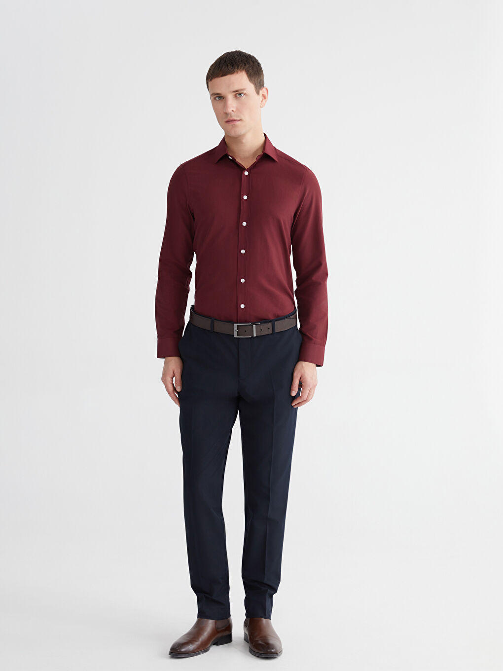 Bordo Slim Fit Uzun Kollu Poplin Erkek Gömlek-1
