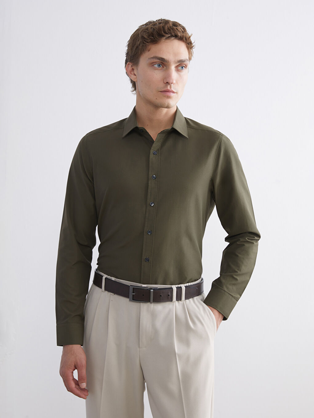 Haki Slim Fit Uzun Kollu Poplin Erkek Gömlek