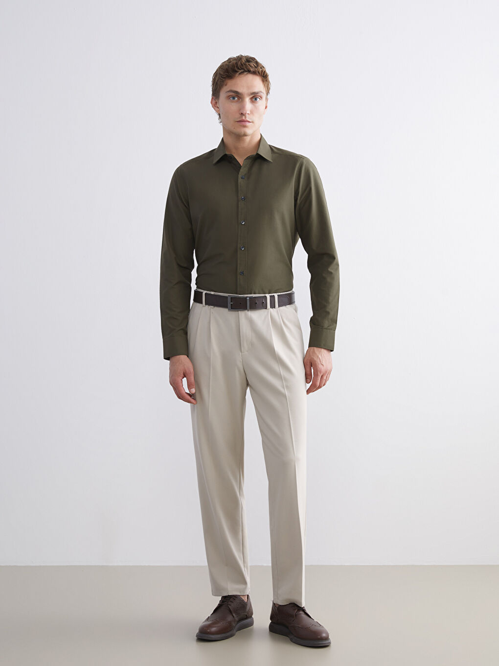 Haki Slim Fit Uzun Kollu Poplin Erkek Gömlek-1