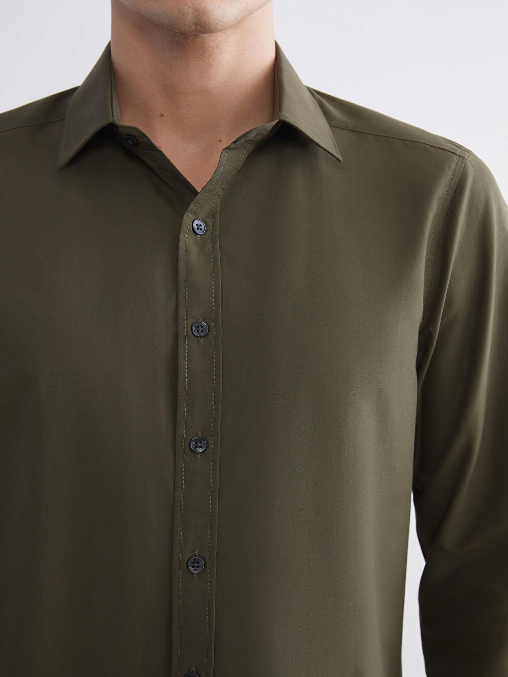 Haki Slim Fit Uzun Kollu Poplin Erkek Gömlek-2