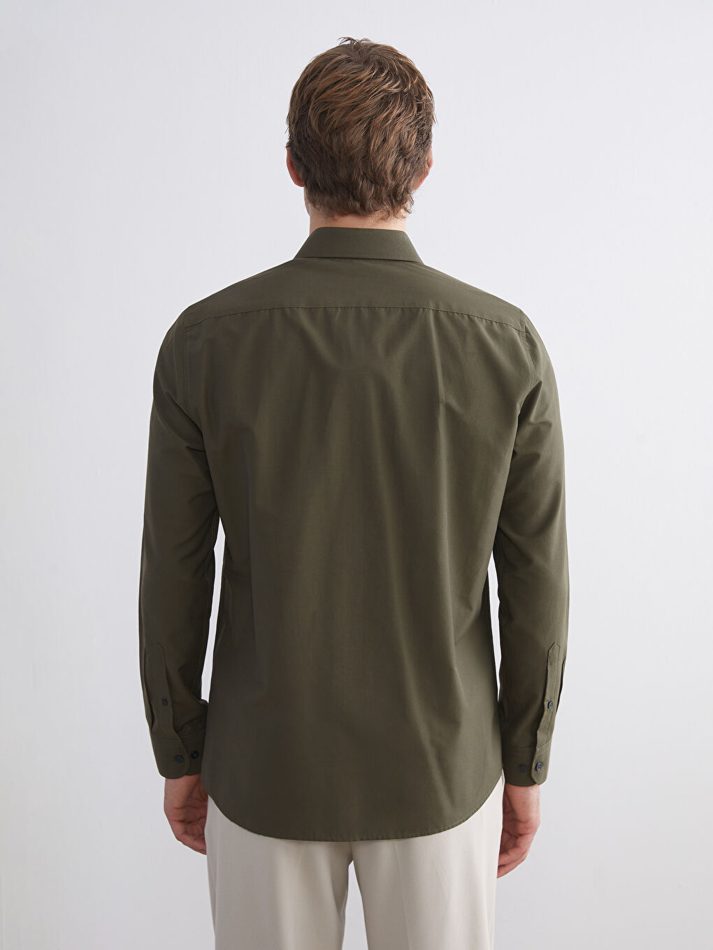 Haki Slim Fit Uzun Kollu Poplin Erkek Gömlek-3