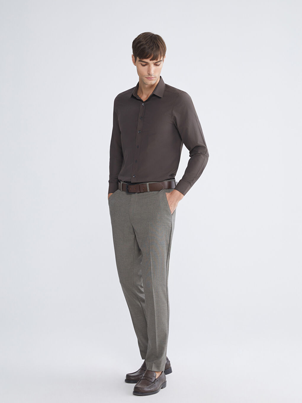 Kahverengi Slim Fit Uzun Kollu Poplin Erkek Gömlek-1