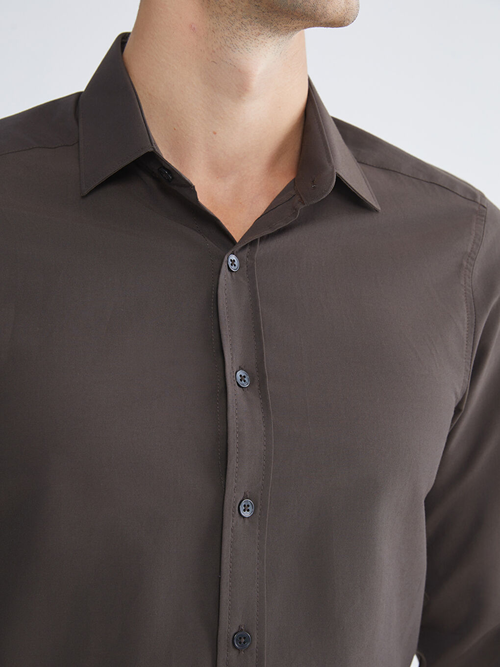 Kahverengi Slim Fit Uzun Kollu Poplin Erkek Gömlek-2