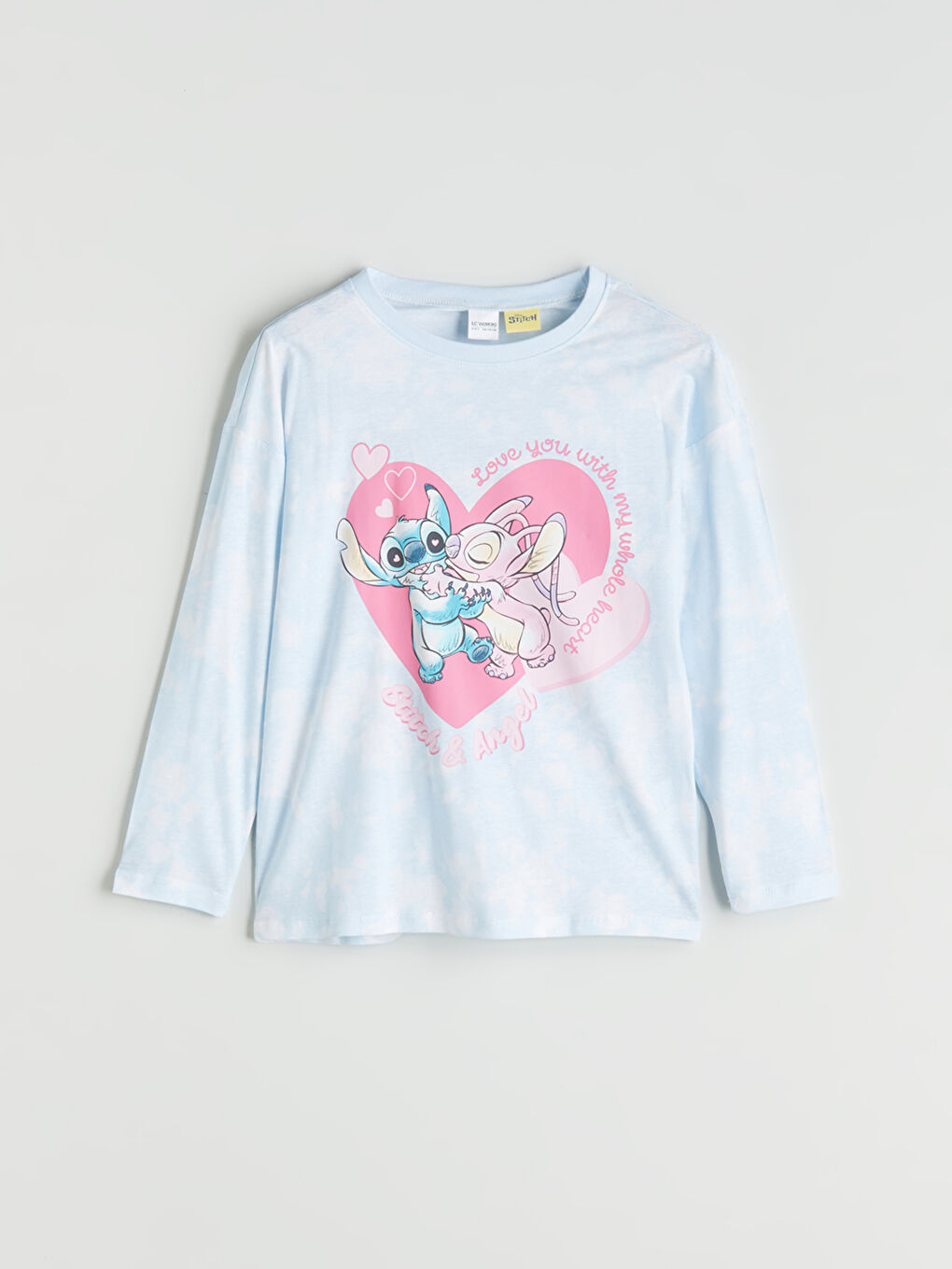 Mavi Bisiklet Yaka Stitch ve Angel Baskılı Kız Çocuk Pijama Üst