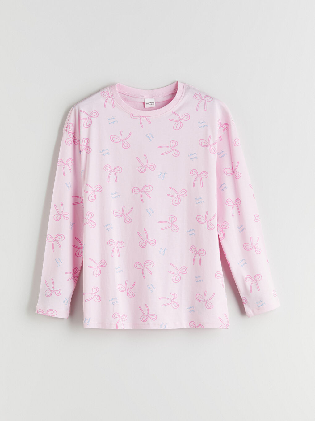 Pembe Bisiklet Yaka Fiyonk Desenli Kız Çocuk Pijama Üst