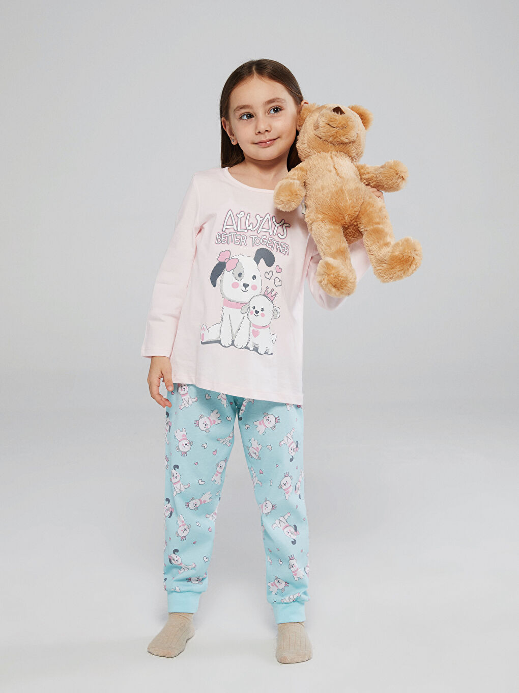 Пижамный комплект для девочек с круглым вырезом и принтом